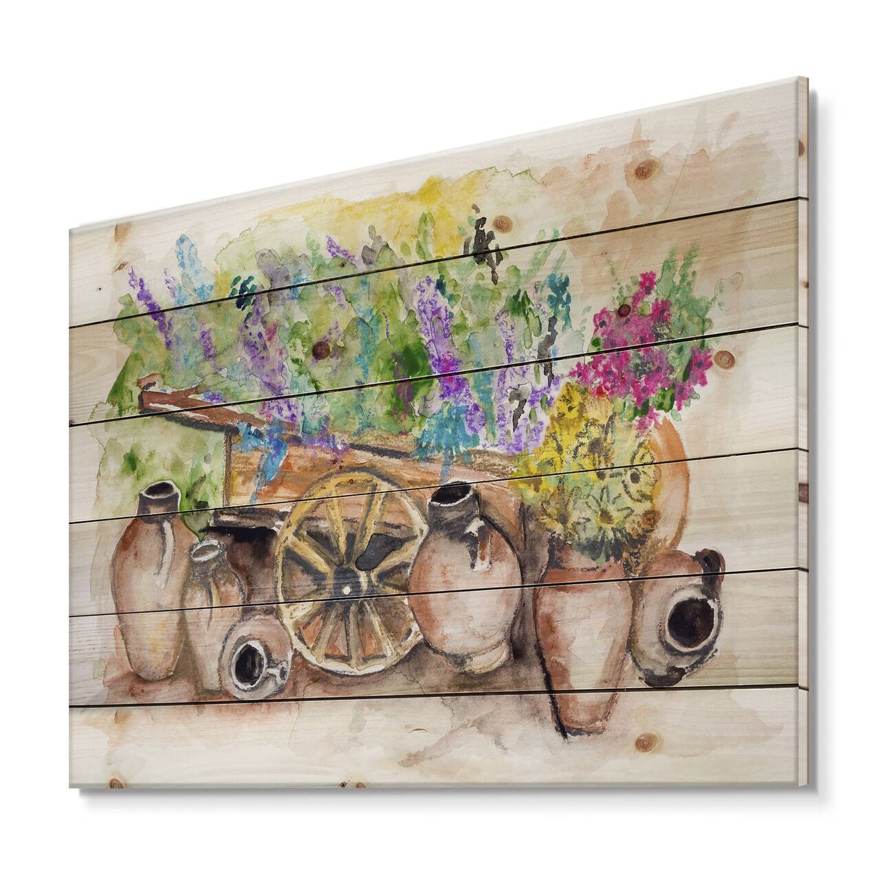 Designart - Lavender Flowers On Ancient Cart - Traditional Print on Natural Pine Wood